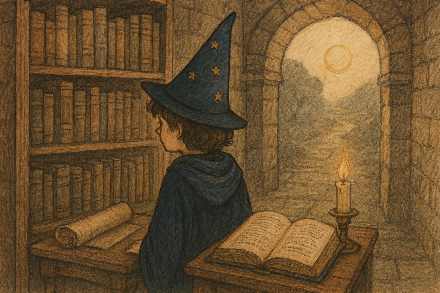 A young wizard in a blue robe sits in an ancient stone library, studying a large open book by candlelight. Shelves filled with scrolls and old tomes surround him, and golden sunlight streams through an arched doorway, illuminating dust in the air and hinting at the journey ahead.