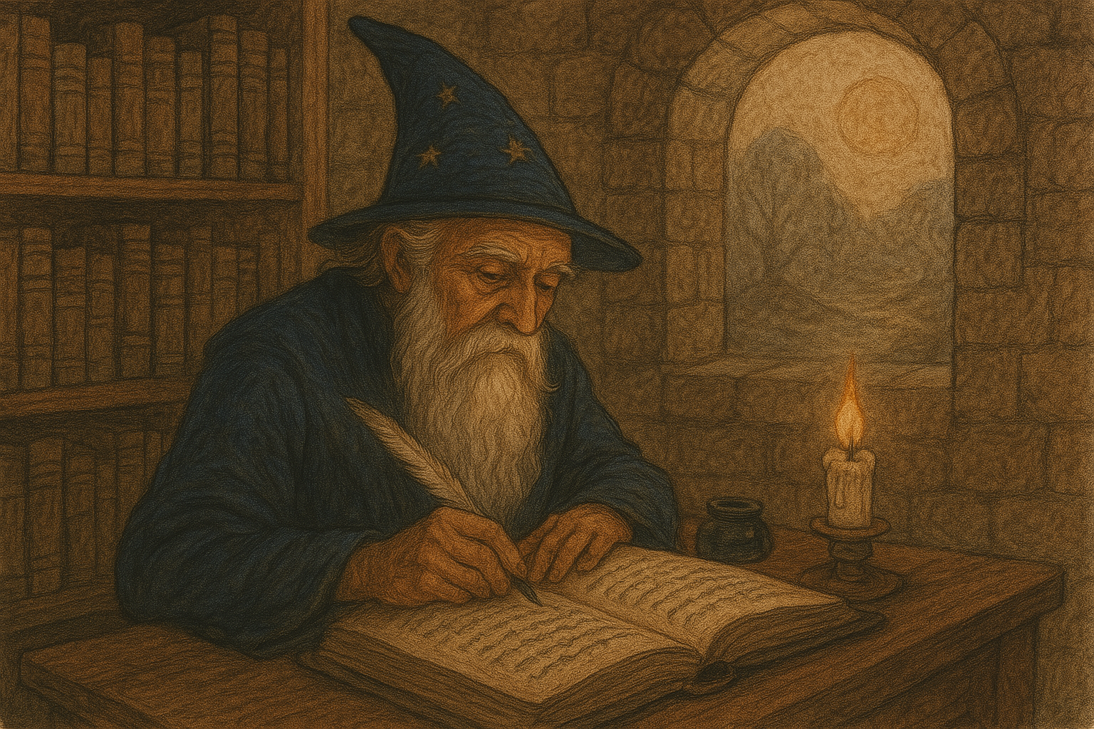 An elderly wizard with a long white beard sits at a wooden desk in a stone-walled study, writing in a large, aged book. Surrounded by stacks of scrolls and ancient tomes, he is illuminated by soft candlelight and golden sunlight pouring through a nearby arched window, which reveals a tranquil landscape beyond.